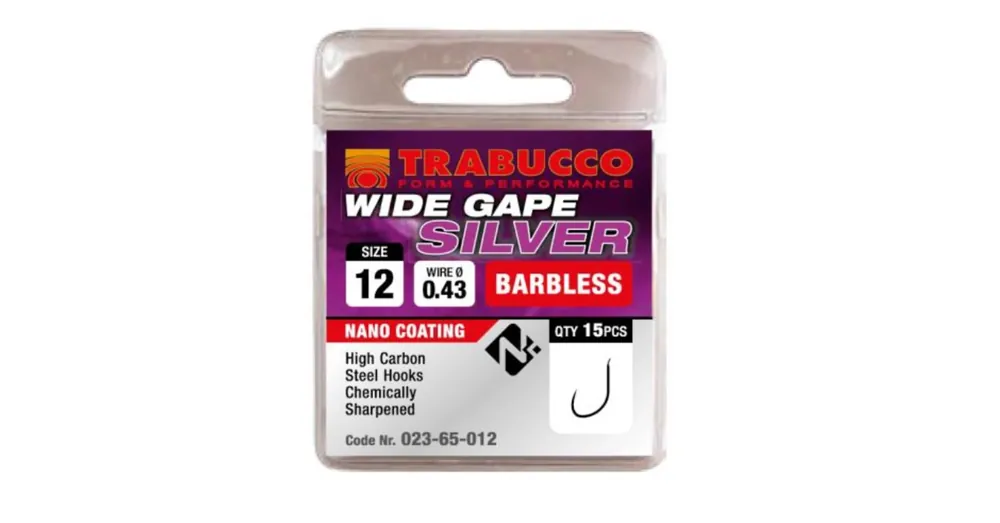 Betrouwbaar Trabucco Wide Gape Silver szakáll nélküli horog, méret 12